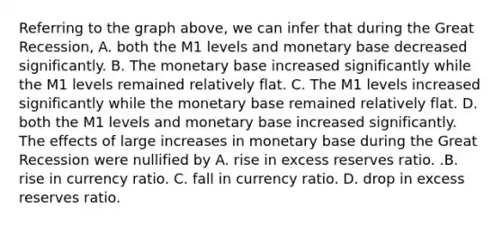 Referring to the graph​ above, we can infer that during the Great​ Recession, A. both the M1 levels and monetary base decreased significantly. B. The monetary base increased significantly while the M1 levels remained relatively flat. C. The M1 levels increased significantly while the monetary base remained relatively flat. D. both the M1 levels and monetary base increased significantly. The effects of large increases in monetary base during the Great Recession were nullified by A. rise in excess reserves ratio. .B. rise in currency ratio. C. fall in currency ratio. D. drop in excess reserves ratio.