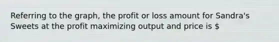 Referring to the graph, the profit or loss amount for Sandra's Sweets at the profit maximizing output and price is