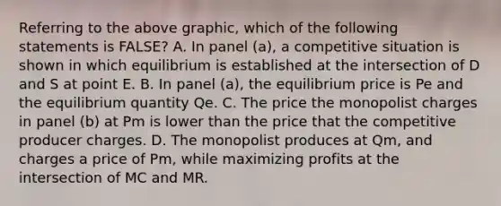 Referring to the above graphic, which of the following statements is FALSE? A. In panel (a), a competitive situation is shown in which equilibrium is established at the intersection of D and S at point E. B. In panel (a), the equilibrium price is Pe and the equilibrium quantity Qe. C. The price the monopolist charges in panel (b) at Pm is lower than the price that the competitive producer charges. D. The monopolist produces at Qm, and charges a price of Pm, while maximizing profits at the intersection of MC and MR.