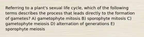 Referring to a plant's sexual life cycle, which of the following terms describes the process that leads directly to the formation of gametes? A) gametophyte mitosis B) sporophyte mitosis C) gametophyte meiosis D) alternation of generations E) sporophyte meiosis