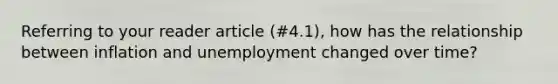 Referring to your reader article (#4.1), how has the relationship between inflation and unemployment changed over time?