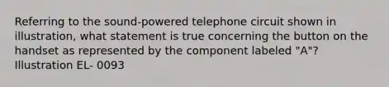 Referring to the sound-powered telephone circuit shown in illustration, what statement is true concerning the button on the handset as represented by the component labeled "A"? Illustration EL- 0093