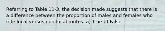 Referring to Table 11-3, the decision made suggests that there is a difference between the proportion of males and females who ride local versus non-local routes. a) True b) False