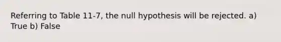 Referring to Table 11-7, the null hypothesis will be rejected. a) True b) False