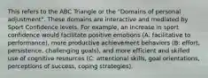 This refers to the ABC Triangle or the "Domains of personal adjustment". These domains are interactive and mediated by Sport Confidence levels. For example, an increase in sport confidence would facilitate positive emotions (A: facilitative to performance), more productive achievement behaviors (B: effort, persistence, challenging goals), and more efficient and skilled use of cognitive resources (C: attentional skills, goal orientations, perceptions of success, coping strategies).