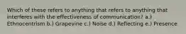 Which of these refers to anything that refers to anything that interferes with the effectiveness of communication? a.) Ethnocentrism b.) Grapevine c.) Noise d.) Reflecting e.) Presence