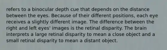 refers to a binocular depth cue that depends on the distance between the eyes. Because of their different positions, each eye receives a slightly different image. The difference between the right and left eyes' images is the retinal disparity. The brain interprets a large retinal disparity to mean a close object and a small retinal disparity to mean a distant object.