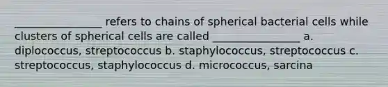 ________________ refers to chains of spherical bacterial cells while clusters of spherical cells are called ________________ a. diplococcus, streptococcus b. staphylococcus, streptococcus c. streptococcus, staphylococcus d. micrococcus, sarcina