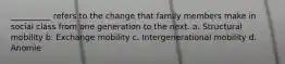 __________ refers to the change that family members make in social class from one generation to the next. a. Structural mobility b. Exchange mobility c. Intergenerational mobility d. Anomie