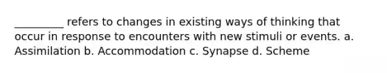 _________ refers to changes in existing ways of thinking that occur in response to encounters with new stimuli or events. a. Assimilation b. Accommodation c. Synapse d. Scheme