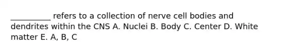 __________ refers to a collection of nerve cell bodies and dendrites within the CNS A. Nuclei B. Body C. Center D. White matter E. A, B, C