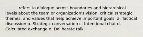 ______ refers to dialogue across boundaries and hierarchical levels about the team or organization's vision, critical strategic themes, and values that help achieve important goals. a. Tactical discussion b. Strategic conversation c. Intentional chat d. Calculated exchange e. Deliberate talk