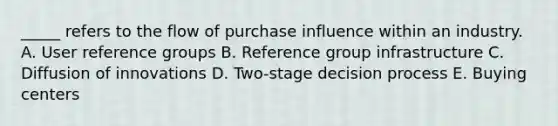 _____ refers to the flow of purchase influence within an industry. A. User reference groups B. Reference group infrastructure C. Diffusion of innovations D. Two-stage decision process E. Buying centers