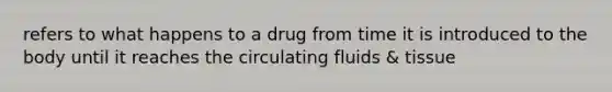 refers to what happens to a drug from time it is introduced to the body until it reaches the circulating fluids & tissue