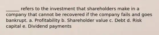 ______ refers to the investment that shareholders make in a company that cannot be recovered if the company fails and goes bankrupt. a. Profitability b. Shareholder value c. Debt d. Risk capital e. Dividend payments