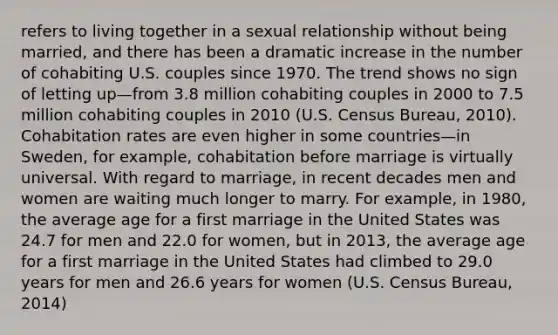 refers to living together in a sexual relationship without being married, and there has been a dramatic increase in the number of cohabiting U.S. couples since 1970. The trend shows no sign of letting up—from 3.8 million cohabiting couples in 2000 to 7.5 million cohabiting couples in 2010 (U.S. Census Bureau, 2010). Cohabitation rates are even higher in some countries—in Sweden, for example, cohabitation before marriage is virtually universal. With regard to marriage, in recent decades men and women are waiting much longer to marry. For example, in 1980, the average age for a first marriage in the United States was 24.7 for men and 22.0 for women, but in 2013, the average age for a first marriage in the United States had climbed to 29.0 years for men and 26.6 years for women (U.S. Census Bureau, 2014)