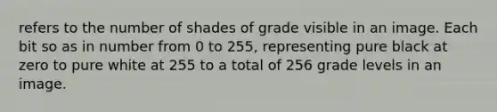 refers to the number of shades of grade visible in an image. Each bit so as in number from 0 to 255, representing pure black at zero to pure white at 255 to a total of 256 grade levels in an image.