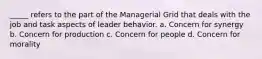 _____ refers to the part of the Managerial Grid that deals with the job and task aspects of leader behavior. a. Concern for synergy b. Concern for production c. Concern for people d. Concern for morality