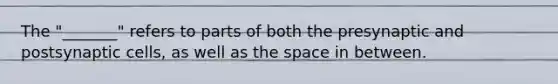 The "_______" refers to parts of both the presynaptic and postsynaptic cells, as well as the space in between.