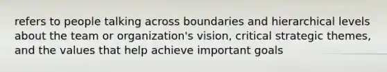 refers to people talking across boundaries and hierarchical levels about the team or organization's vision, critical strategic themes, and the values that help achieve important goals