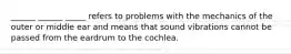______ ______ _____ refers to problems with the mechanics of the outer or middle ear and means that sound vibrations cannot be passed from the eardrum to the cochlea.