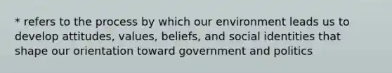 * refers to the process by which our environment leads us to develop attitudes, values, beliefs, and social identities that shape our orientation toward government and politics