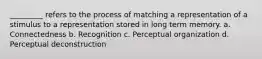 _________ refers to the process of matching a representation of a stimulus to a representation stored in long term memory. a. Connectedness b. Recognition c. Perceptual organization d. Perceptual deconstruction