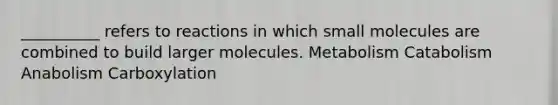 __________ refers to reactions in which small molecules are combined to build larger molecules. Metabolism Catabolism Anabolism Carboxylation