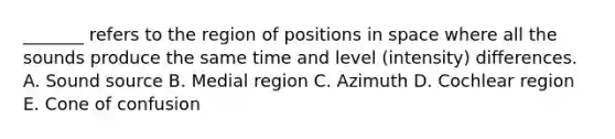 _______ refers to the region of positions in space where all the sounds produce the same time and level (intensity) differences. A. Sound source B. Medial region C. Azimuth D. Cochlear region E. Cone of confusion