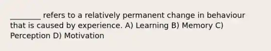 ________ refers to a relatively permanent change in behaviour that is caused by experience. A) Learning B) Memory C) Perception D) Motivation