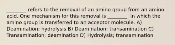 ________ refers to the removal of an amino group from an amino acid. One mechanism for this removal is ________, in which the amino group is transferred to an acceptor molecule. A) Deamination; hydrolysis B) Deamination; transamination C) Transamination; deamination D) Hydrolysis; transamination