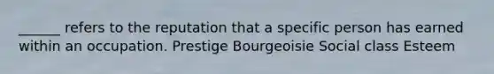 ______ refers to the reputation that a specific person has earned within an occupation. Prestige Bourgeoisie Social class Esteem