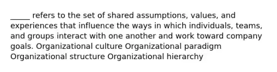 _____ refers to the set of shared assumptions, values, and experiences that influence the ways in which individuals, teams, and groups interact with one another and work toward company goals. Organizational culture Organizational paradigm Organizational structure Organizational hierarchy