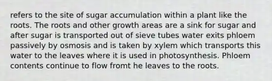 refers to the site of sugar accumulation within a plant like the roots. The roots and other growth areas are a sink for sugar and after sugar is transported out of sieve tubes water exits phloem passively by osmosis and is taken by xylem which transports this water to the leaves where it is used in photosynthesis. Phloem contents continue to flow fromt he leaves to the roots.