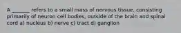 A _______ refers to a small mass of nervous tissue, consisting primarily of neuron cell bodies, outside of the brain and spinal cord a) nucleus b) nerve c) tract d) ganglion