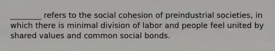 ________ refers to the social cohesion of preindustrial societies, in which there is minimal division of labor and people feel united by shared values and common social bonds.