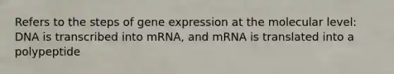 Refers to the steps of gene expression at the molecular level: DNA is transcribed into mRNA, and mRNA is translated into a polypeptide