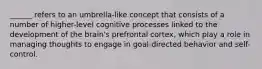 ______ refers to an umbrella-like concept that consists of a number of higher-level cognitive processes linked to the development of the brain's prefrontal cortex, which play a role in managing thoughts to engage in goal-directed behavior and self-control.