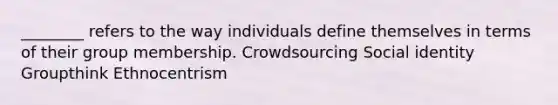 ________ refers to the way individuals define themselves in terms of their group membership. Crowdsourcing Social identity Groupthink Ethnocentrism