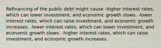 Refinancing of the public debt might cause -higher interest rates, which can lower investment, and economic growth slows. -lower interest rates, which can raise investment, and economic growth increases. -lower interest rates, which can lower investment, and economic growth slows. -higher interest rates, which can raise investment, and economic growth increases.