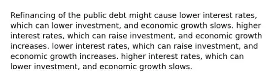 Refinancing of the public debt might cause lower interest rates, which can lower investment, and economic growth slows. higher interest rates, which can raise investment, and economic growth increases. lower interest rates, which can raise investment, and economic growth increases. higher interest rates, which can lower investment, and economic growth slows.