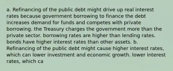 a. Refinancing of the public debt might drive up real interest rates because government borrowing to finance the debt increases demand for funds and competes with private borrowing. the Treasury charges the government more than the private sector. borrowing rates are higher than lending rates. bonds have higher interest rates than other assets. b. Refinancing of the public debt might cause higher interest rates, which can lower investment and economic growth. lower interest rates, which ca