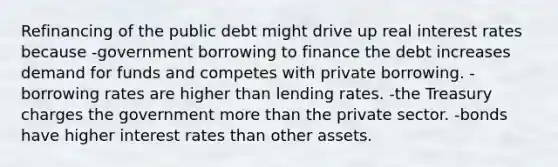 Refinancing of the public debt might drive up real interest rates because -government borrowing to finance the debt increases demand for funds and competes with private borrowing. -borrowing rates are higher than lending rates. -the Treasury charges the government more than the private sector. -bonds have higher interest rates than other assets.