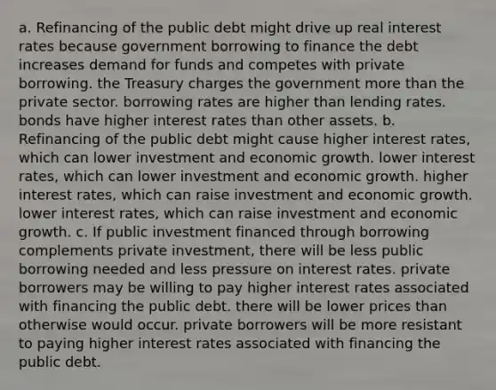 a. Refinancing of the public debt might drive up real interest rates because government borrowing to finance the debt increases demand for funds and competes with private borrowing. the Treasury charges the government more than the private sector. borrowing rates are higher than lending rates. bonds have higher interest rates than other assets. b. Refinancing of the public debt might cause higher interest rates, which can lower investment and economic growth. lower interest rates, which can lower investment and economic growth. higher interest rates, which can raise investment and economic growth. lower interest rates, which can raise investment and economic growth. c. If public investment financed through borrowing complements private investment, there will be less public borrowing needed and less pressure on interest rates. private borrowers may be willing to pay higher interest rates associated with financing the public debt. there will be lower prices than otherwise would occur. private borrowers will be more resistant to paying higher interest rates associated with financing the public debt.