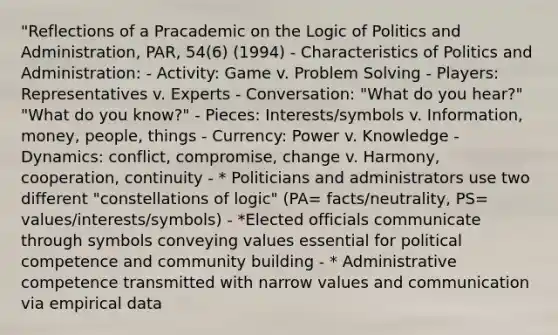 "Reflections of a Pracademic on the Logic of Politics and Administration, PAR, 54(6) (1994) - Characteristics of Politics and Administration: - Activity: Game v. Problem Solving - Players: Representatives v. Experts - Conversation: "What do you hear?" "What do you know?" - Pieces: Interests/symbols v. Information, money, people, things - Currency: Power v. Knowledge - Dynamics: conflict, compromise, change v. Harmony, cooperation, continuity - * Politicians and administrators use two different "constellations of logic" (PA= facts/neutrality, PS= values/interests/symbols) - *Elected officials communicate through symbols conveying values essential for political competence and community building - * Administrative competence transmitted with narrow values and communication via empirical data