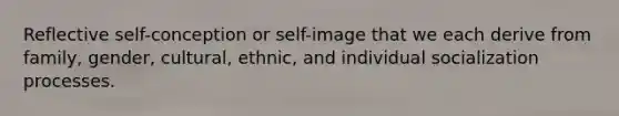 Reflective self-conception or self-image that we each derive from family, gender, cultural, ethnic, and individual socialization processes.