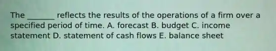 The​ _______ reflects the results of the operations of a firm over a specified period of time. A. forecast B. budget C. <a href='https://www.questionai.com/knowledge/kCPMsnOwdm-income-statement' class='anchor-knowledge'>income statement</a> D. statement of cash flows E. balance sheet