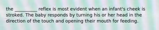 the __________ reflex is most evident when an infant's cheek is stroked. The baby responds by turning his or her head in the direction of the touch and opening their mouth for feeding.