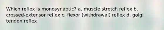 Which reflex is monosynaptic? a. muscle stretch reflex b. crossed-extensor reflex c. flexor (withdrawal) reflex d. golgi tendon reflex