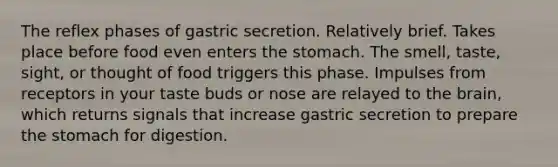 The reflex phases of gastric secretion. Relatively brief. Takes place before food even enters the stomach. The smell, taste, sight, or thought of food triggers this phase. Impulses from receptors in your taste buds or nose are relayed to the brain, which returns signals that increase gastric secretion to prepare the stomach for digestion.